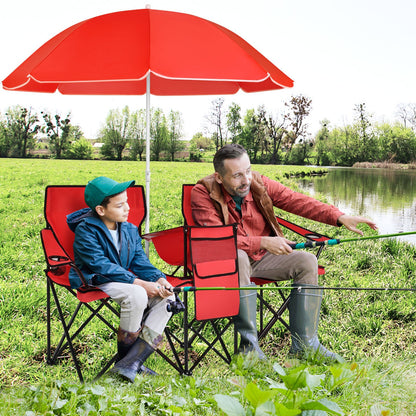 Portable Folding Picnic Double Chair With Umbrella-Black