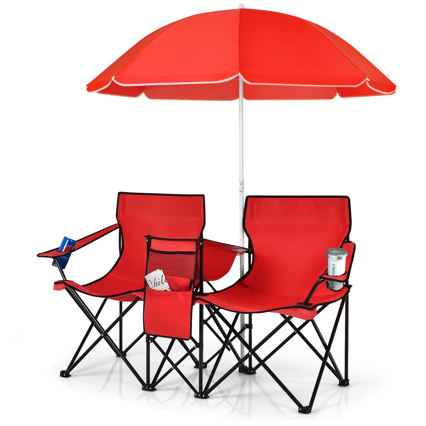 Portable Folding Picnic Double Chair With Umbrella-Black