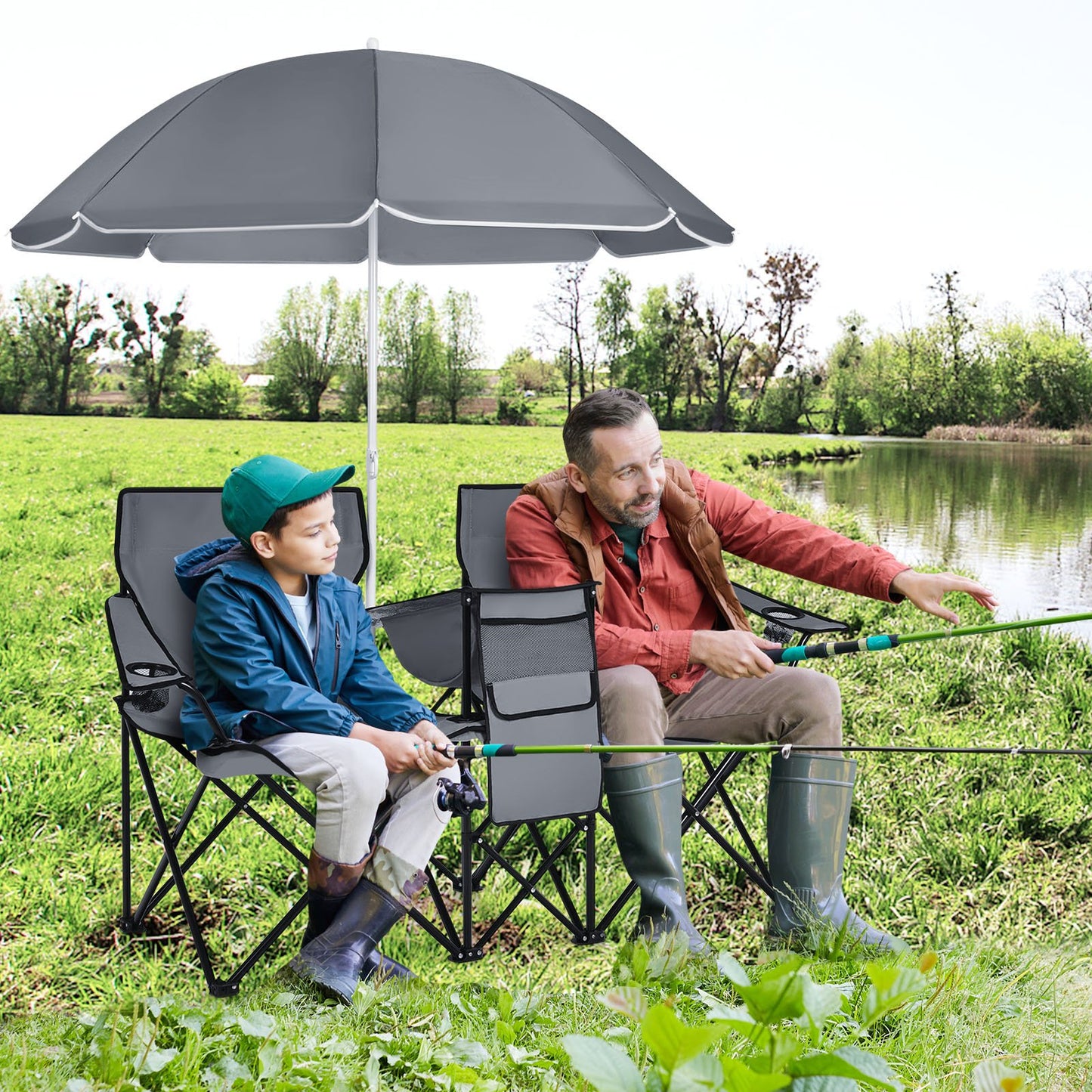 Portable Folding Picnic Double Chair With Umbrella-Black