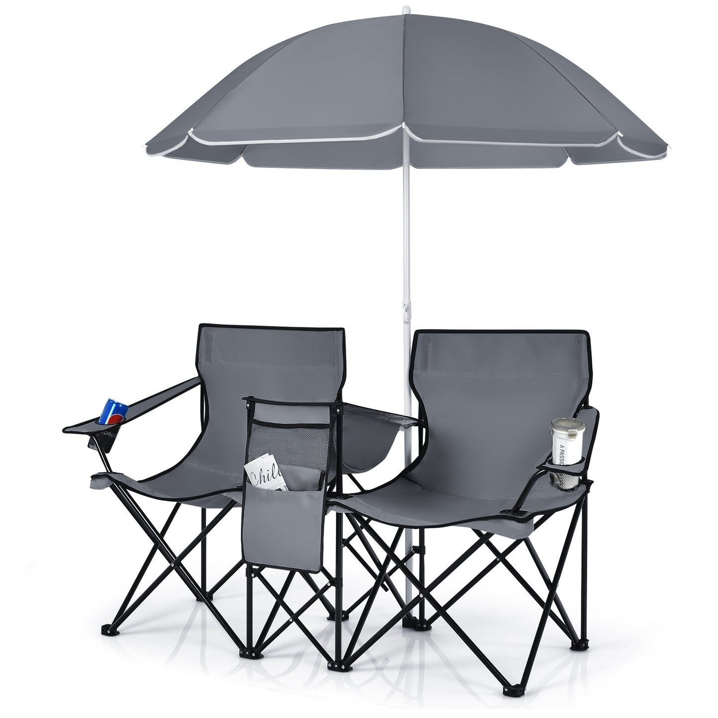 Portable Folding Picnic Double Chair With Umbrella-Black