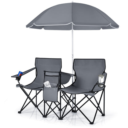 Portable Folding Picnic Double Chair With Umbrella-Black