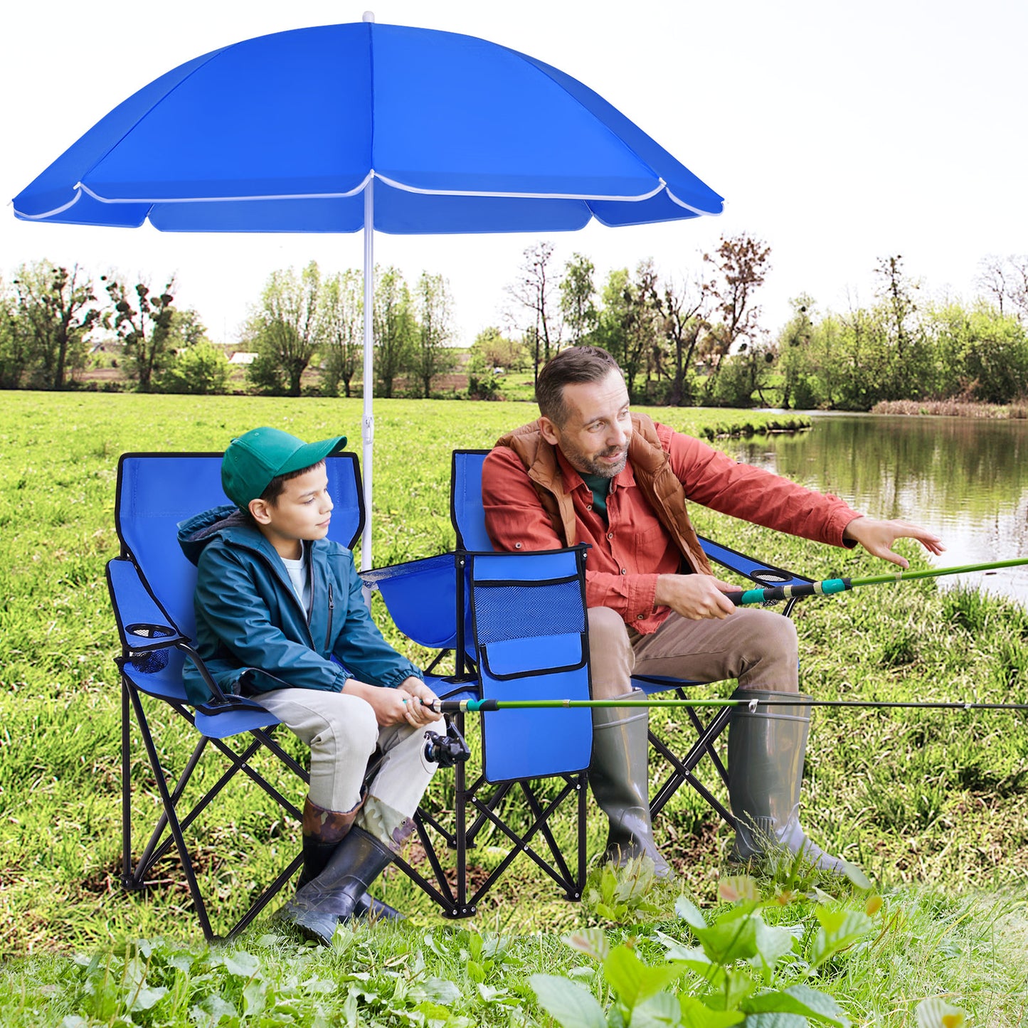 Portable Folding Picnic Double Chair With Umbrella-Black