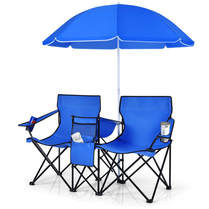 Portable Folding Picnic Double Chair With Umbrella-Black