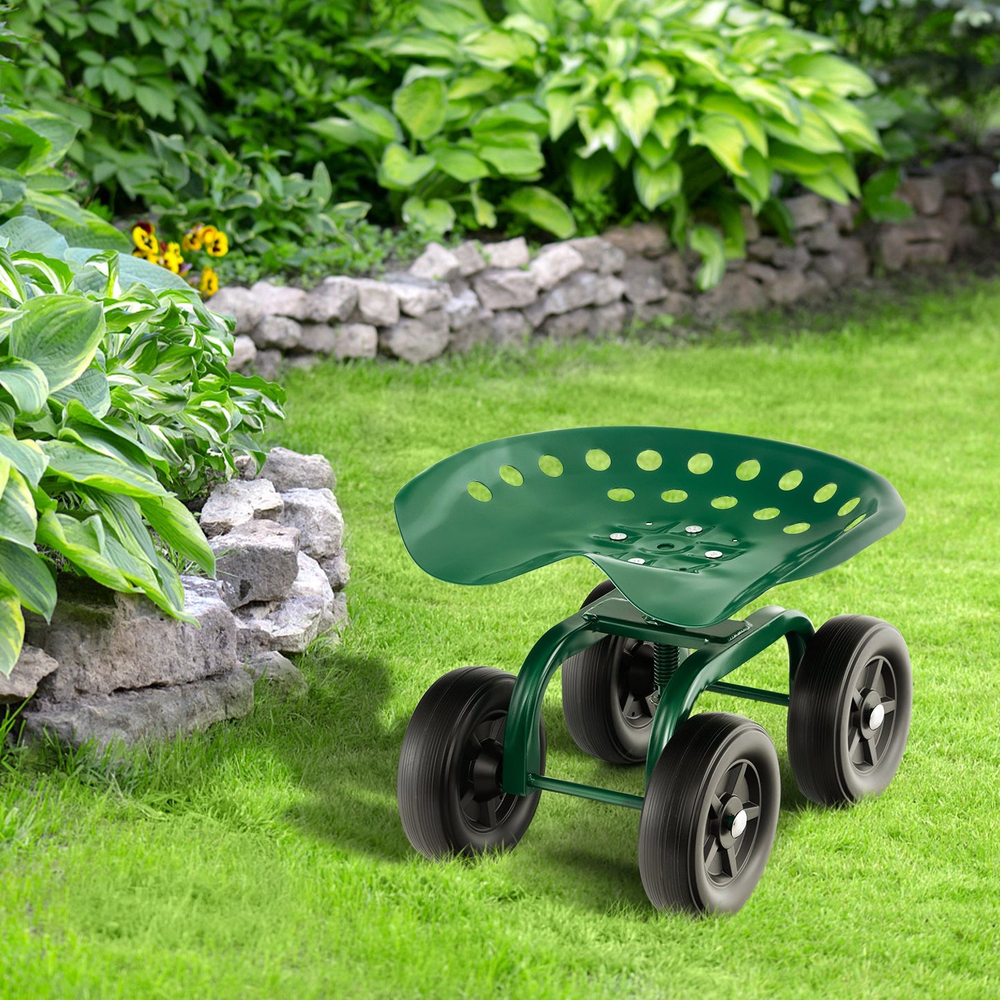 Garden Rolling Workseat with 360° Swivel Seat and Adjustable Height-Blue