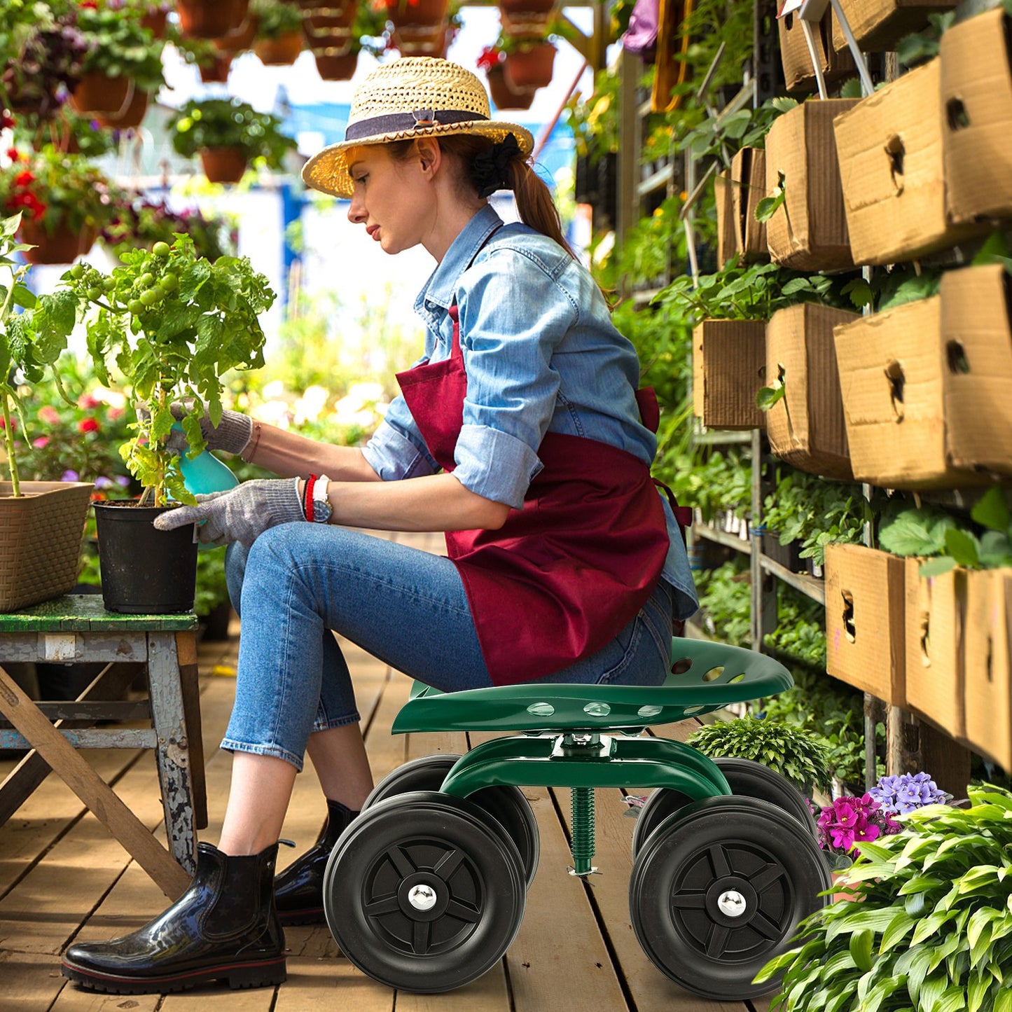 Garden Rolling Workseat with 360° Swivel Seat and Adjustable Height-Blue