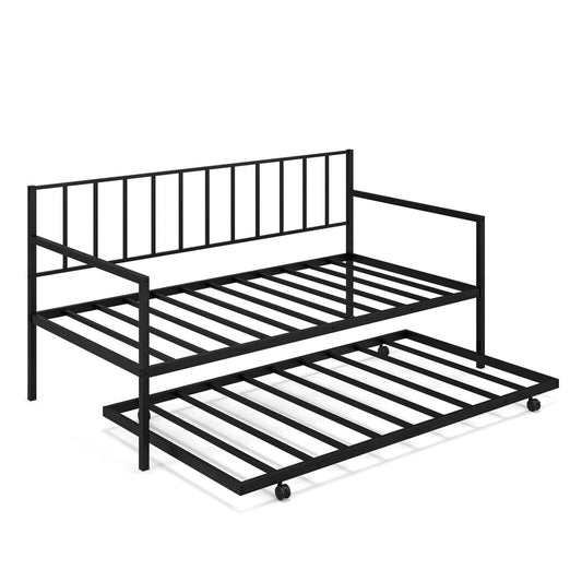 Twin Metal Daybed Sofa Bed Set with Roll Out Trundle-Black