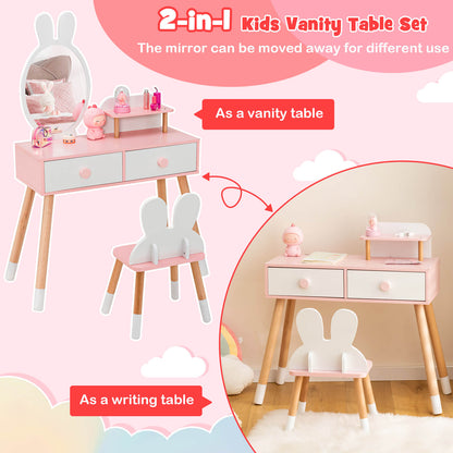 Kids Vanity Table and Chair Set with Drawer Shelf and Rabbit Mirror-White