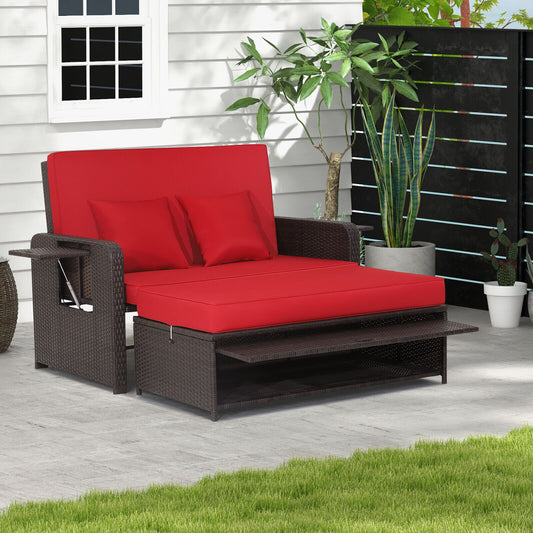 Patio Rattan Lounge Chair Set with 4-Level Adjustable Backrest and Retractable Side Tray-Red