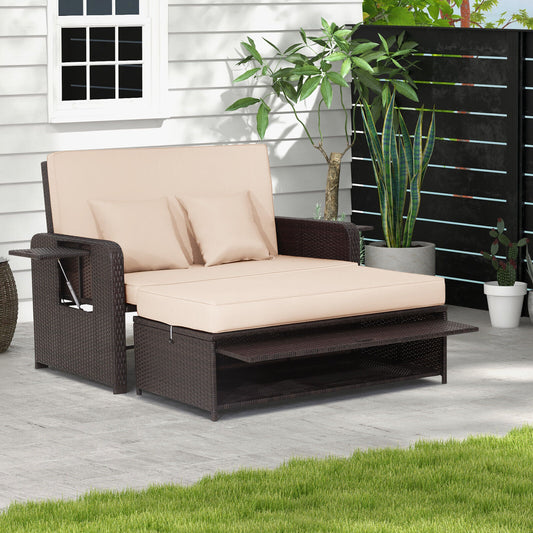 Patio Rattan Lounge Chair Set with 4-Level Adjustable Backrest and Retractable Side Tray-Brown