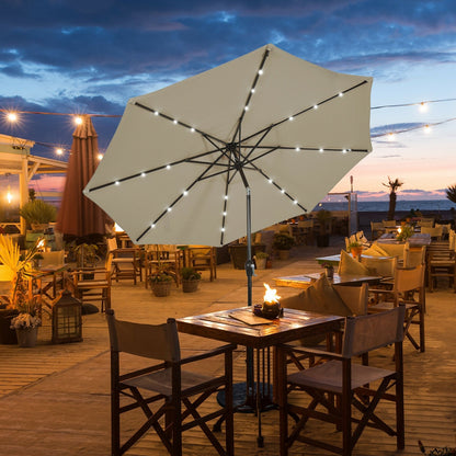 10' Solar LED Lighted Patio Market Umbrella Shade Tilt Adjustment Crank-Beige