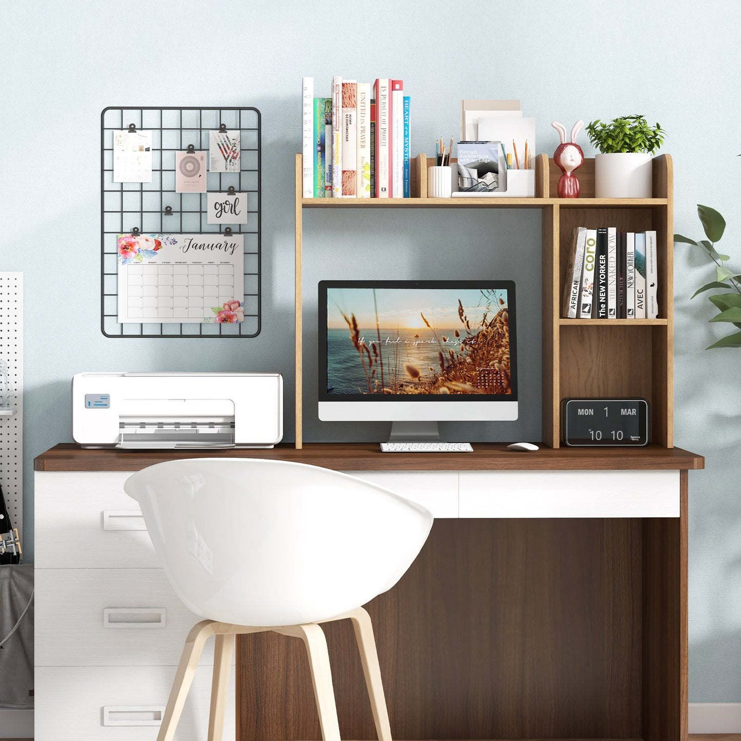 3-Tier Multipurpose Desk Bookshelf with 4 Shelves-Beige