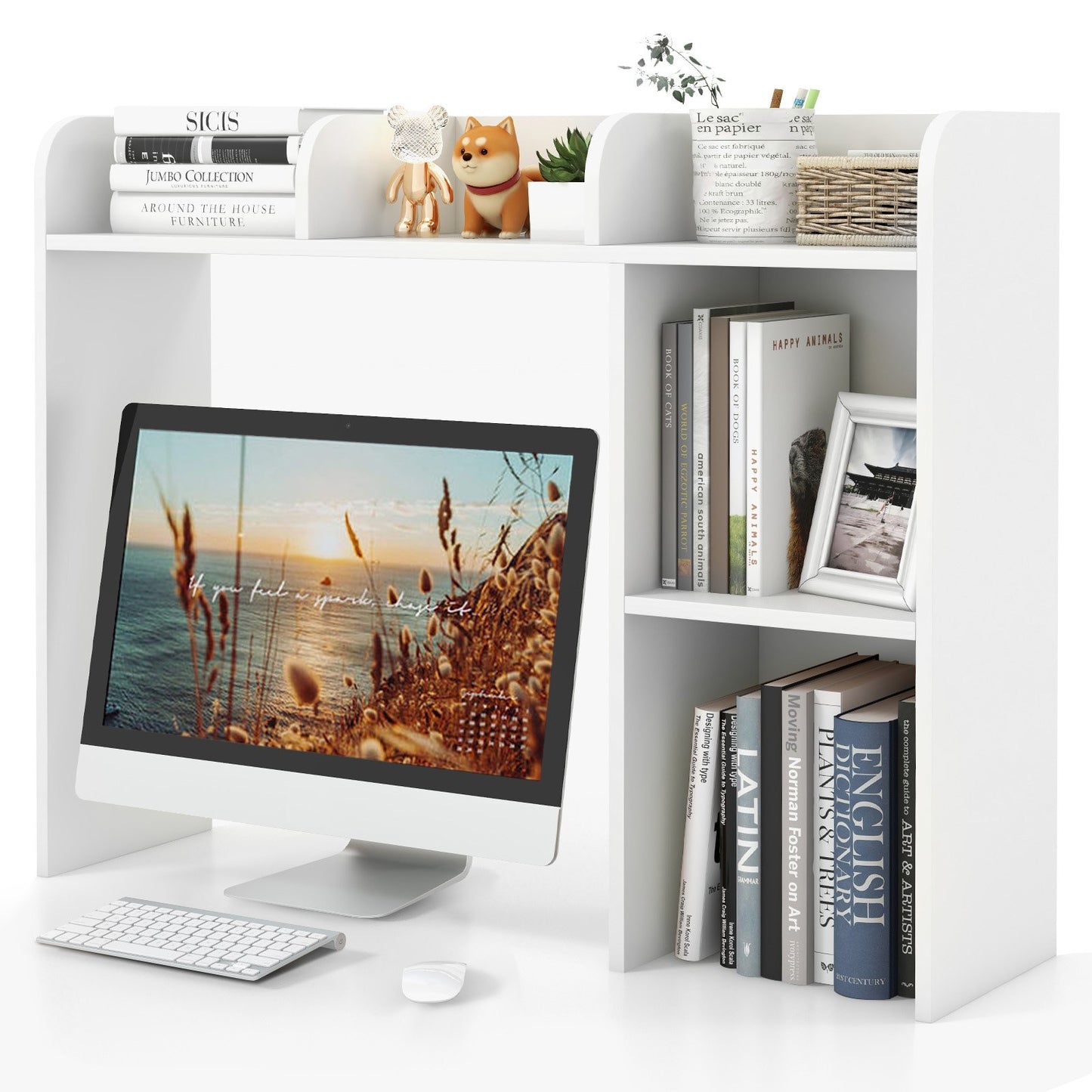3-Tier Multipurpose Desk Bookshelf with 4 Shelves-Beige