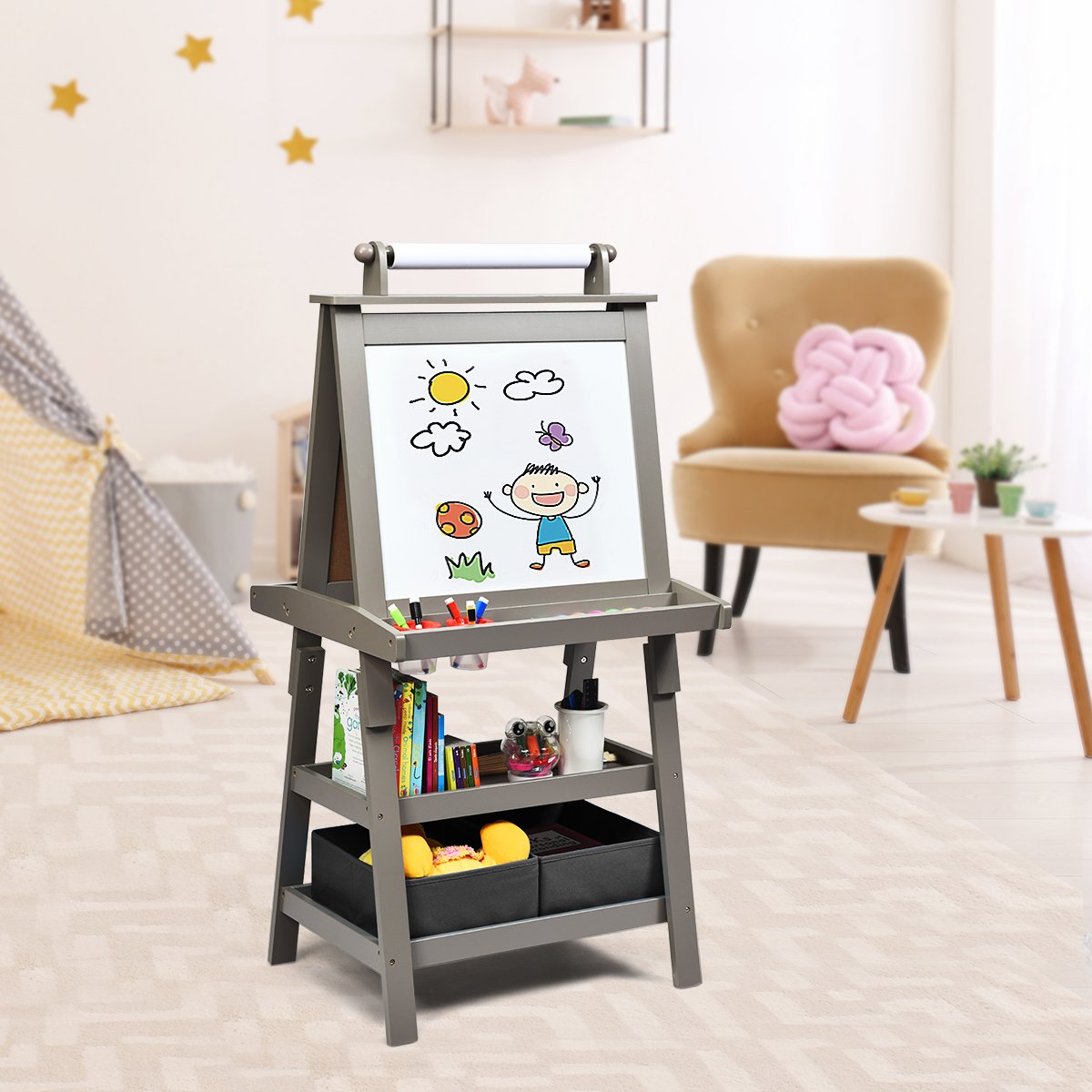 3 in 1 Double-Sided Storage Art Easel-Brown