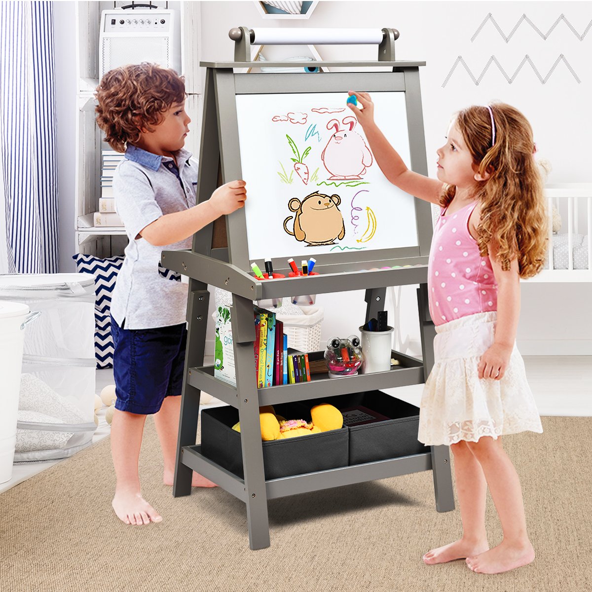 3 in 1 Double-Sided Storage Art Easel-Brown