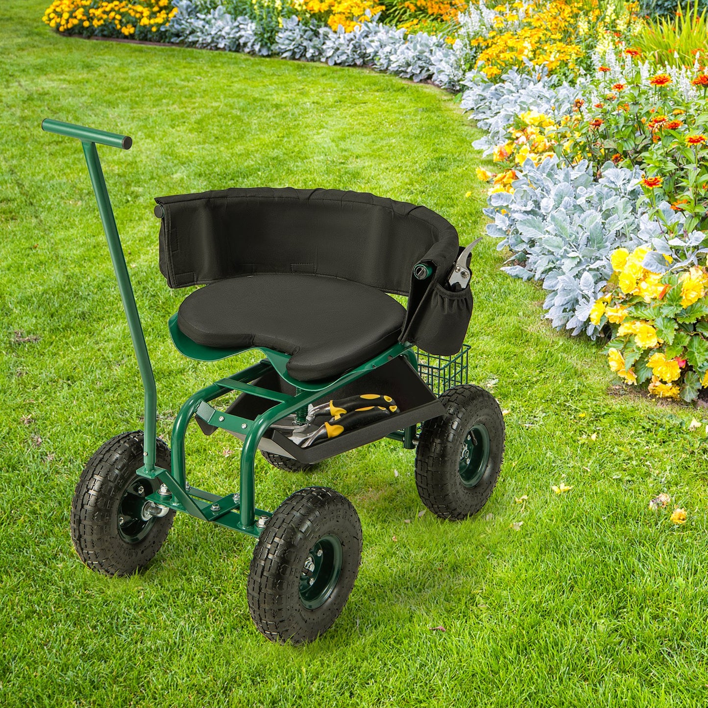 Rolling Garden Cart with Height Adjustable Swivel Seat and Storage Basket-Blue