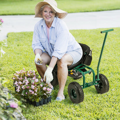 Rolling Garden Cart with Height Adjustable Swivel Seat and Storage Basket-Blue