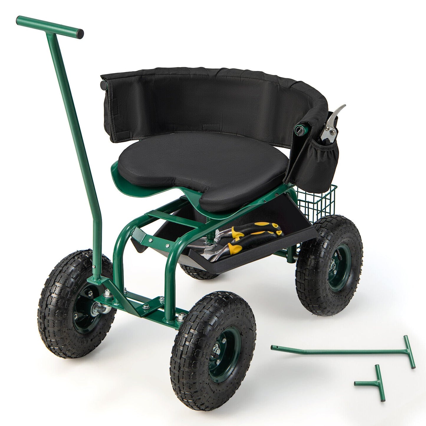 Rolling Garden Cart with Height Adjustable Swivel Seat and Storage Basket-Blue