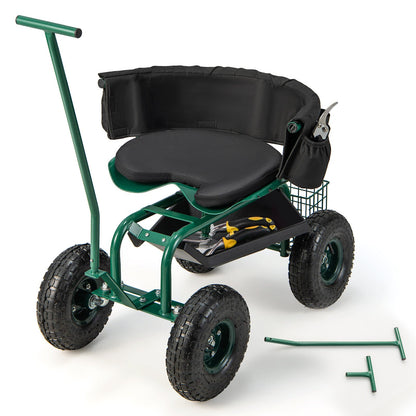 Rolling Garden Cart with Height Adjustable Swivel Seat and Storage Basket-Blue