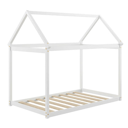 Stable Kids Platform Floor Bed with Roof and Heavy-Duty Slats-Espresso