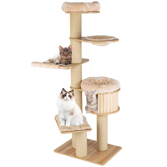 Modern tall beige cat tree tower with scratch posts and washable mats, designed for cats to climb, scratch, and rest.