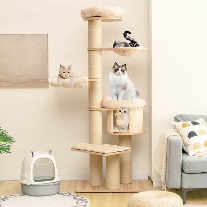 Beige tall cat tree tower with multiple scratch posts, washable mats, and cozy platforms for cats to climb and relax.