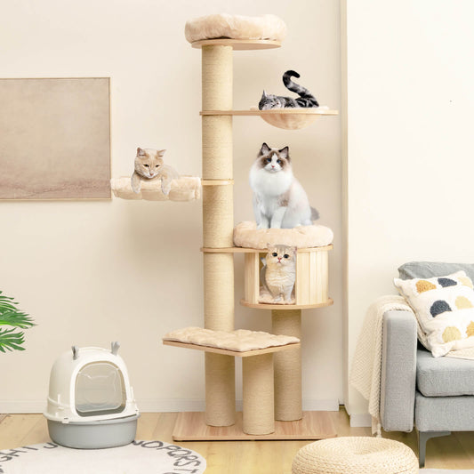 Modern Tall Cat Tree Tower with Scratch Posts and Washable Mats-Beige