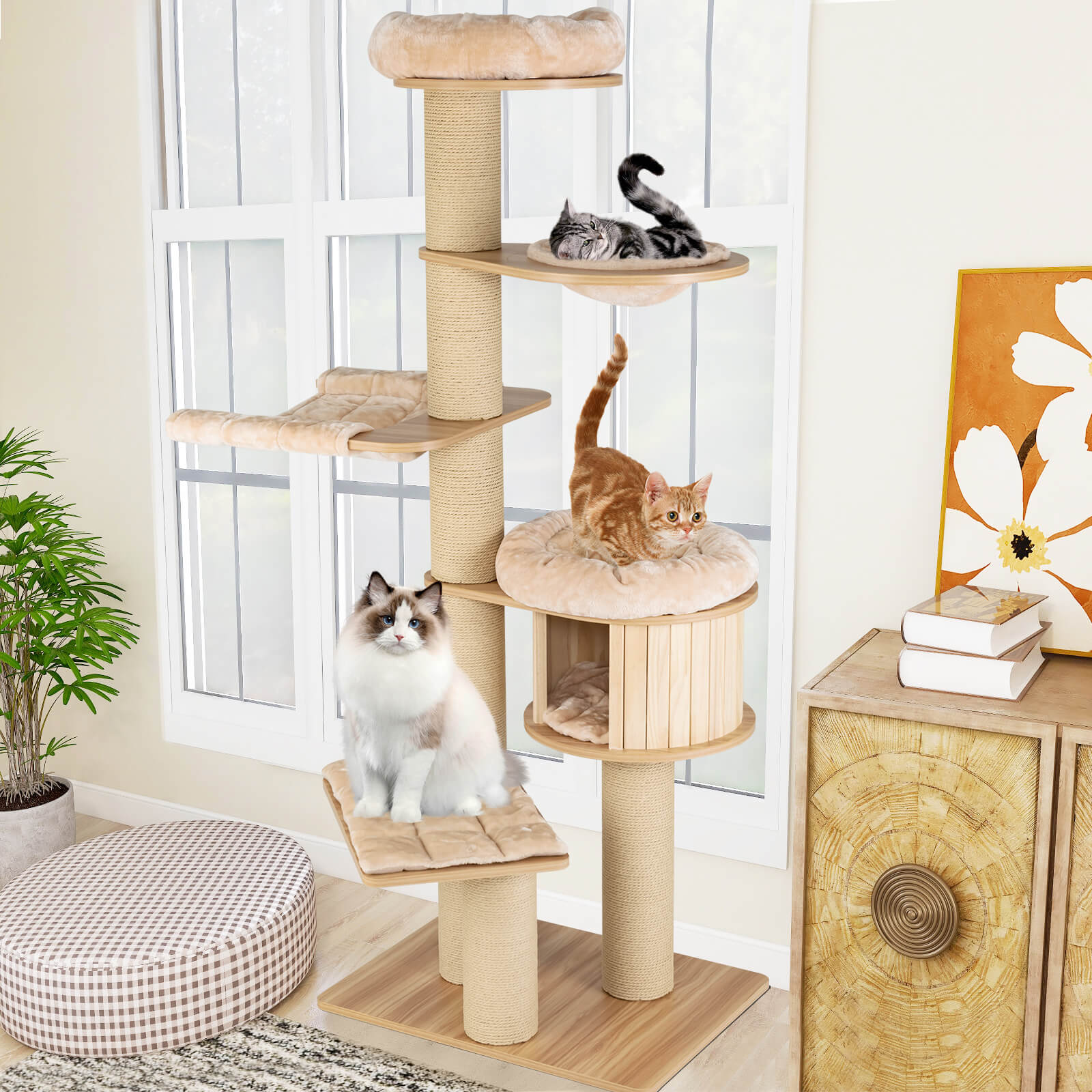 Beige modern tall cat tree tower with multiple scratching posts, washable mats, and cozy platforms for cats to climb and rest.