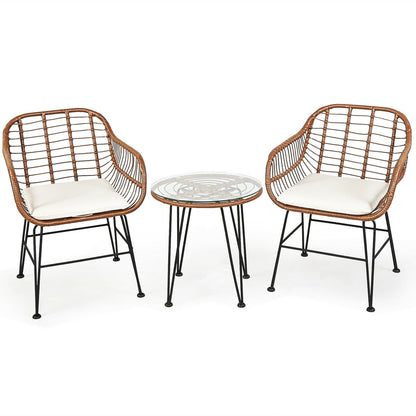 3 Pieces Patio Rattan Bistro Set with Cushion-Black