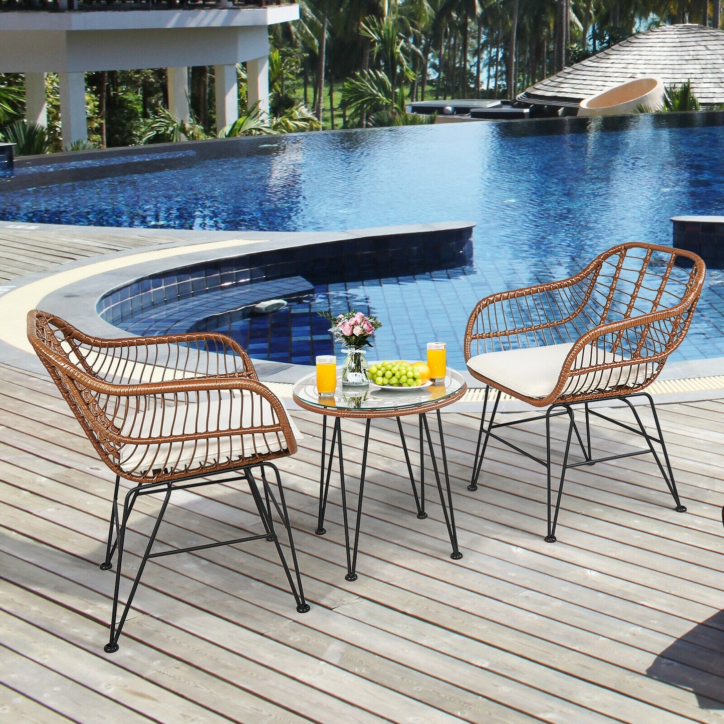 3 Pieces Patio Rattan Bistro Set with Cushion-Black