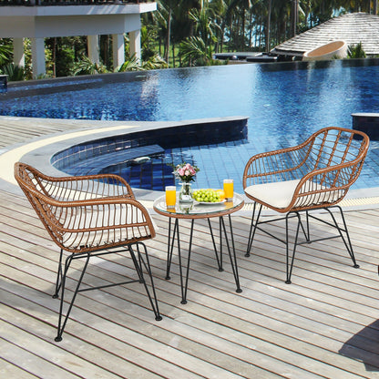 3 Pieces Patio Rattan Bistro Set with Cushion-Black