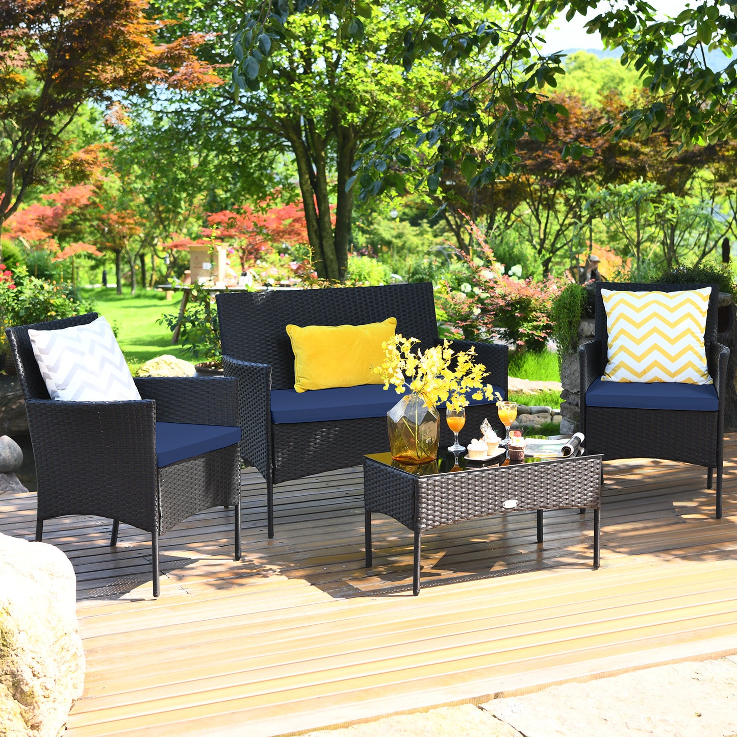 4 Pieces Patio Rattan Cushioned Sofa Set with Tempered Glass Coffee Table-Navy and off White
