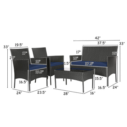 4 Pieces Patio Rattan Cushioned Sofa Set with Tempered Glass Coffee Table-Navy and off White
