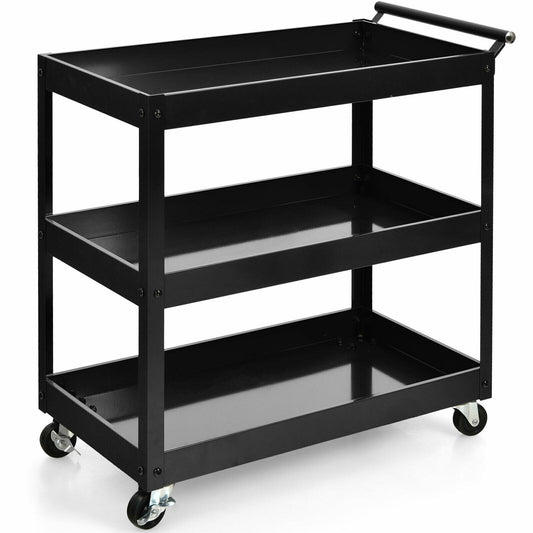 3-Tier Utility Cart Metal Mental Storage Service Trolley-Black