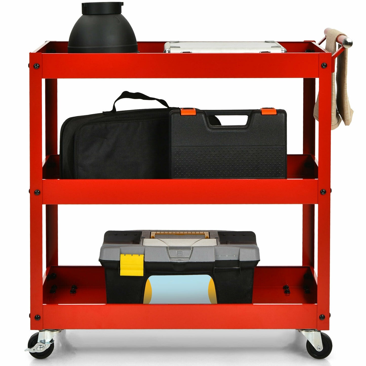 3-Tier Utility Cart Metal Mental Storage Service Trolley-Red