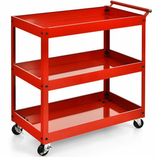 3-Tier Utility Cart Metal Mental Storage Service Trolley-Red