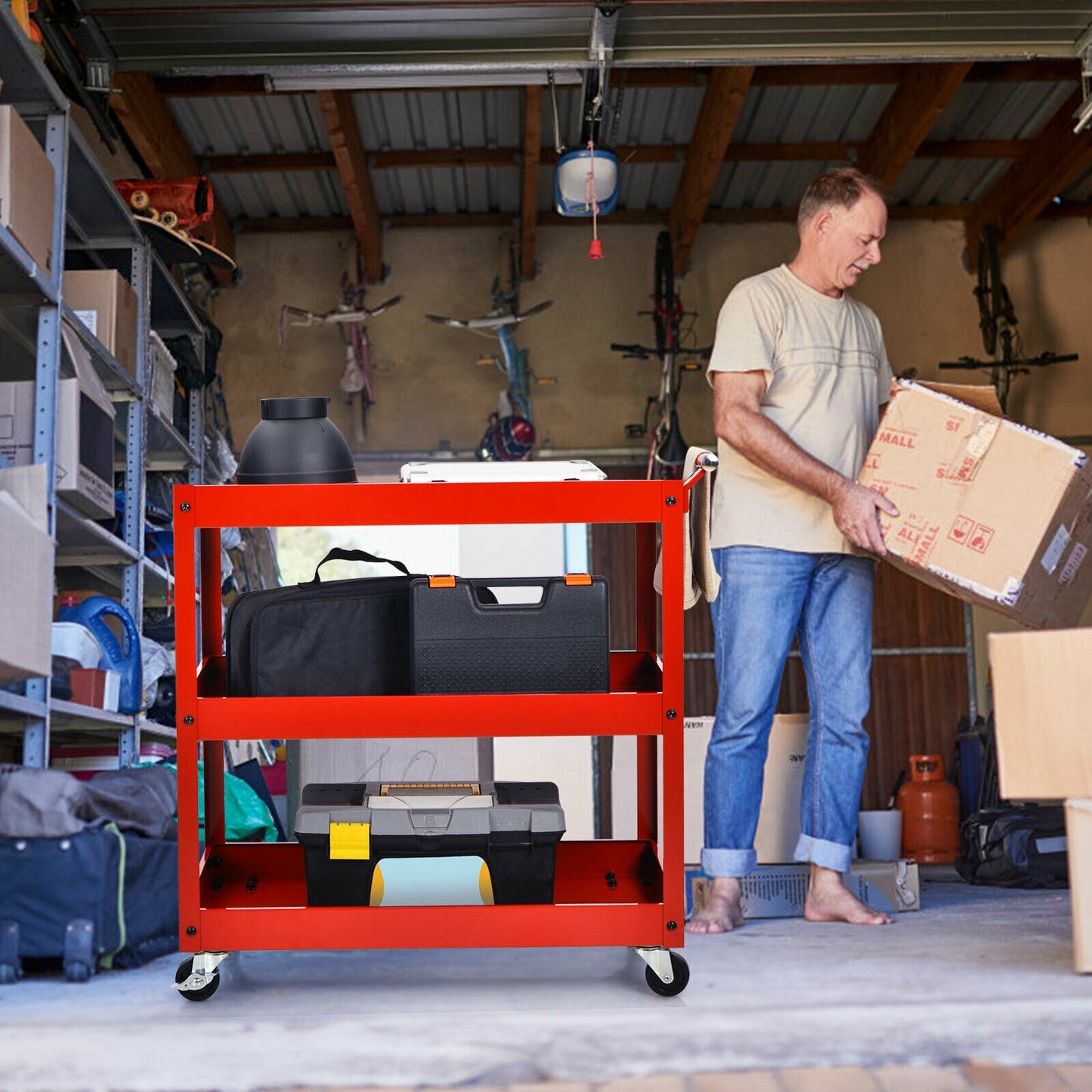 3-Tier Utility Cart Metal Mental Storage Service Trolley-Red