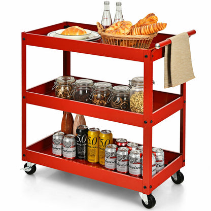 3-Tier Utility Cart Metal Mental Storage Service Trolley-Red