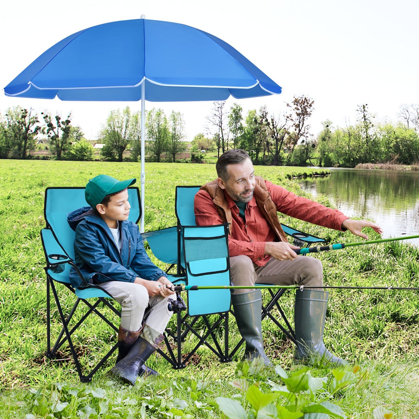 Portable Folding Picnic Double Chair With Umbrella-Black