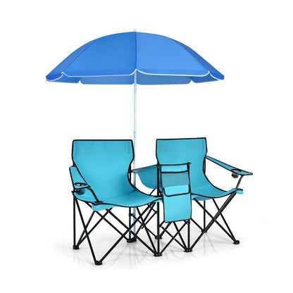 Portable Folding Picnic Double Chair With Umbrella-Black