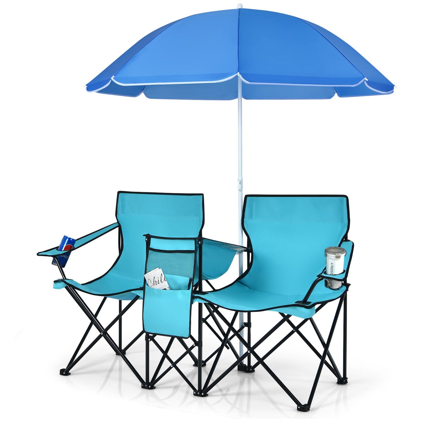 Portable Folding Picnic Double Chair With Umbrella-Black