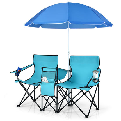 Portable Folding Picnic Double Chair With Umbrella-Black