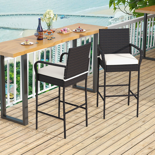 2/4 Pieces Outdoor PE Rattan Cushioned Barstool Set with Armrests-Set of 2