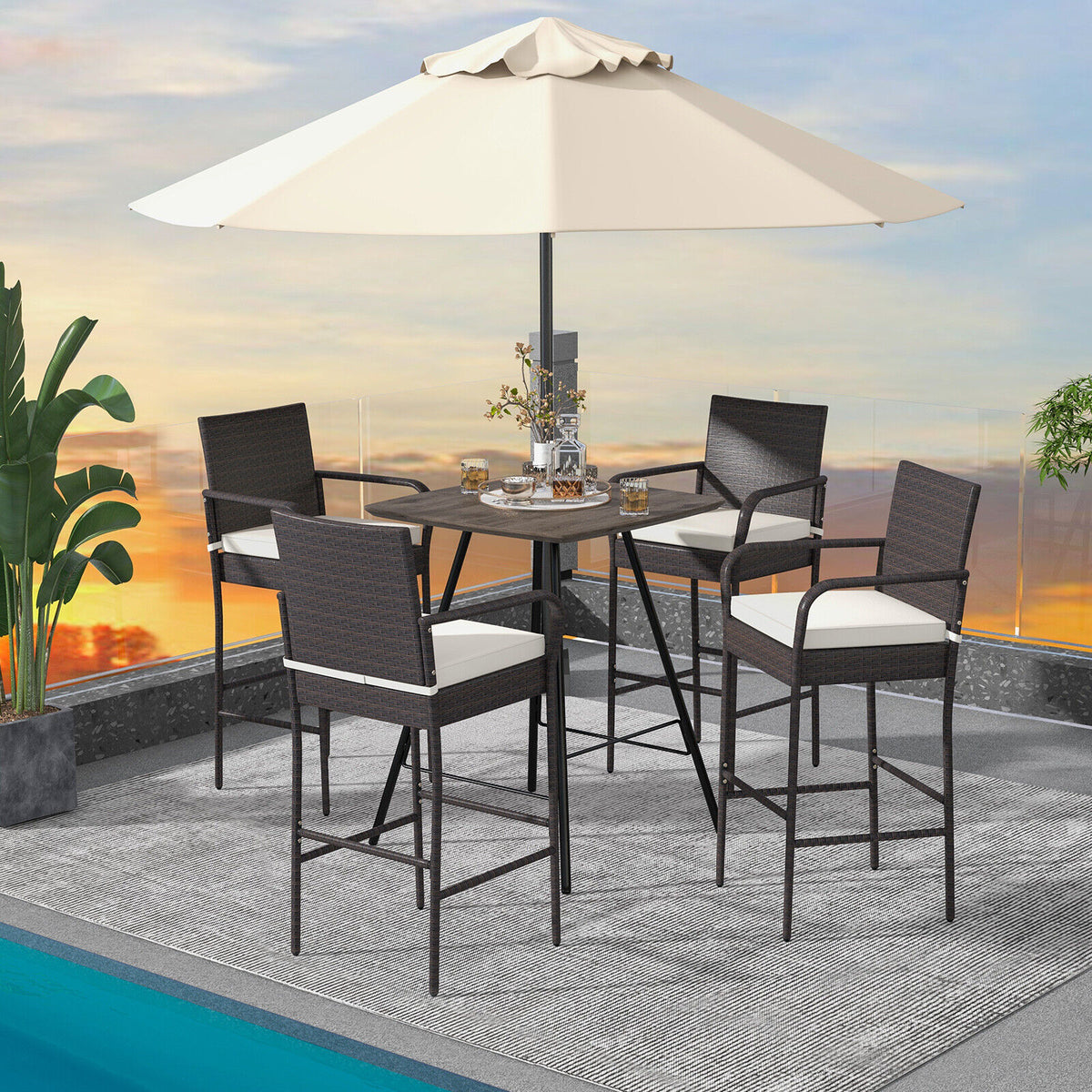 Set of four outdoor PE rattan barstools with cushioned seats and armrests, ideal for patio and outdoor bar furniture.