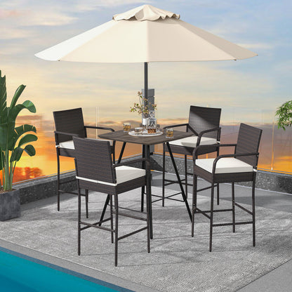 Set of four outdoor PE rattan barstools with cushioned seats and armrests, ideal for patio and outdoor bar furniture.