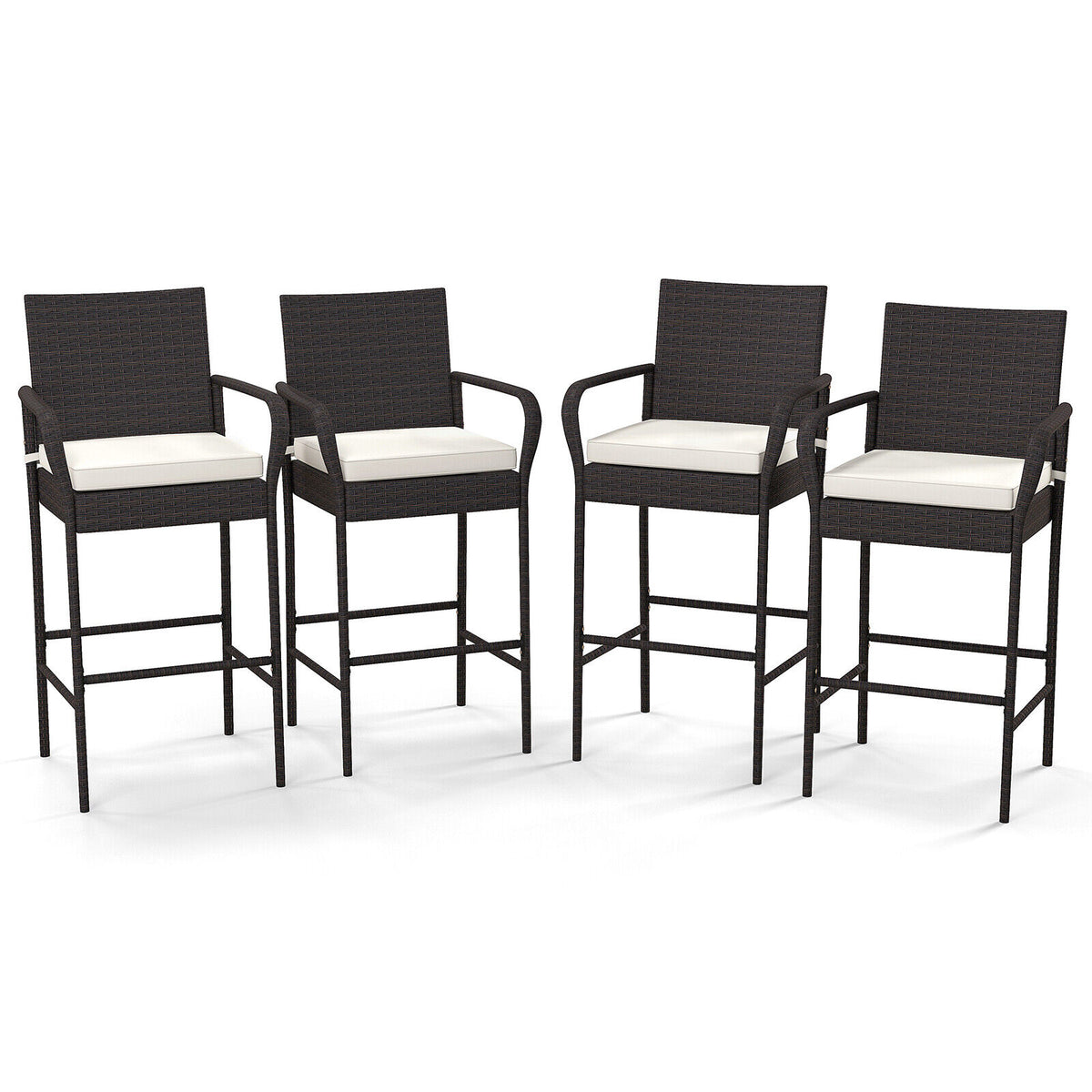 Set of four outdoor PE rattan cushioned barstools with armrests for patio bar furniture, durable and stylish for outdoor seating.