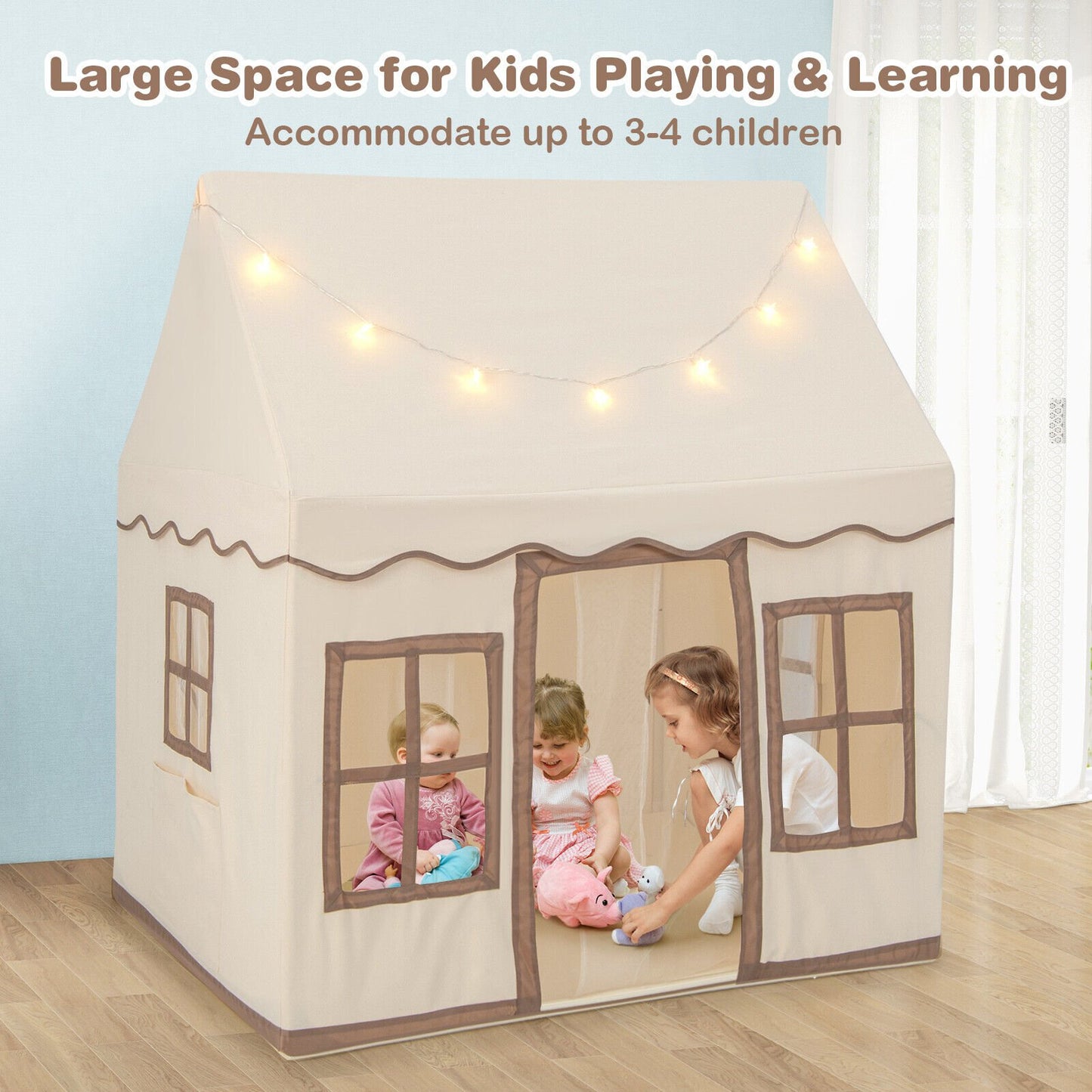 Toddler Large Playhouse with Star String Lights-Beige
