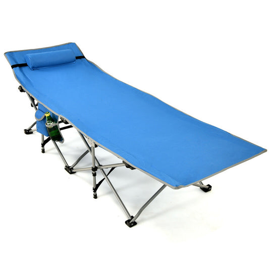 Folding Camping Cot with Side Storage Pocket Detachable Headrest-Blue