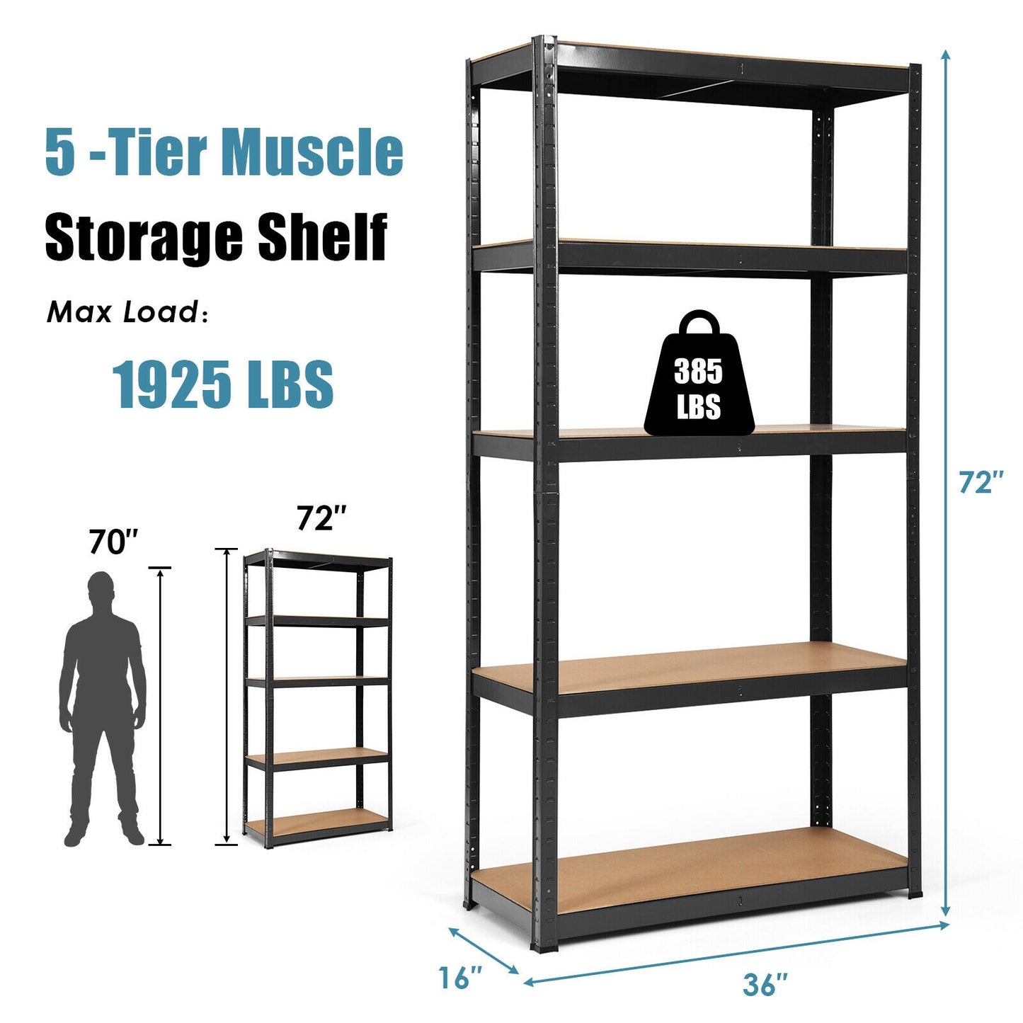 72 Inch Storage Rack with 5 Adjustable Shelves for Books Kitchenware-Black