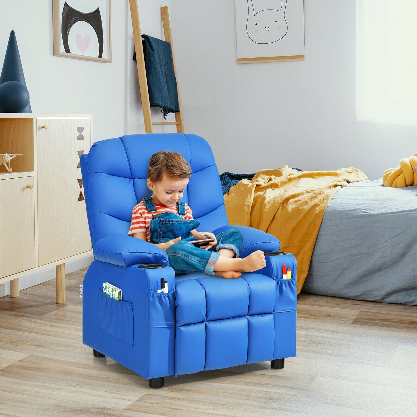 Kids Recliner Chair with Cup Holder and Footrest for Children-Beige