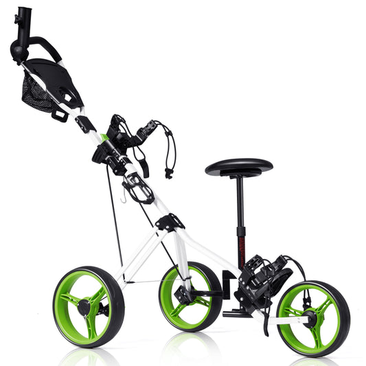 Foldable 3 Wheels Push Pull Golf Trolley with Scoreboard Bag-Green
